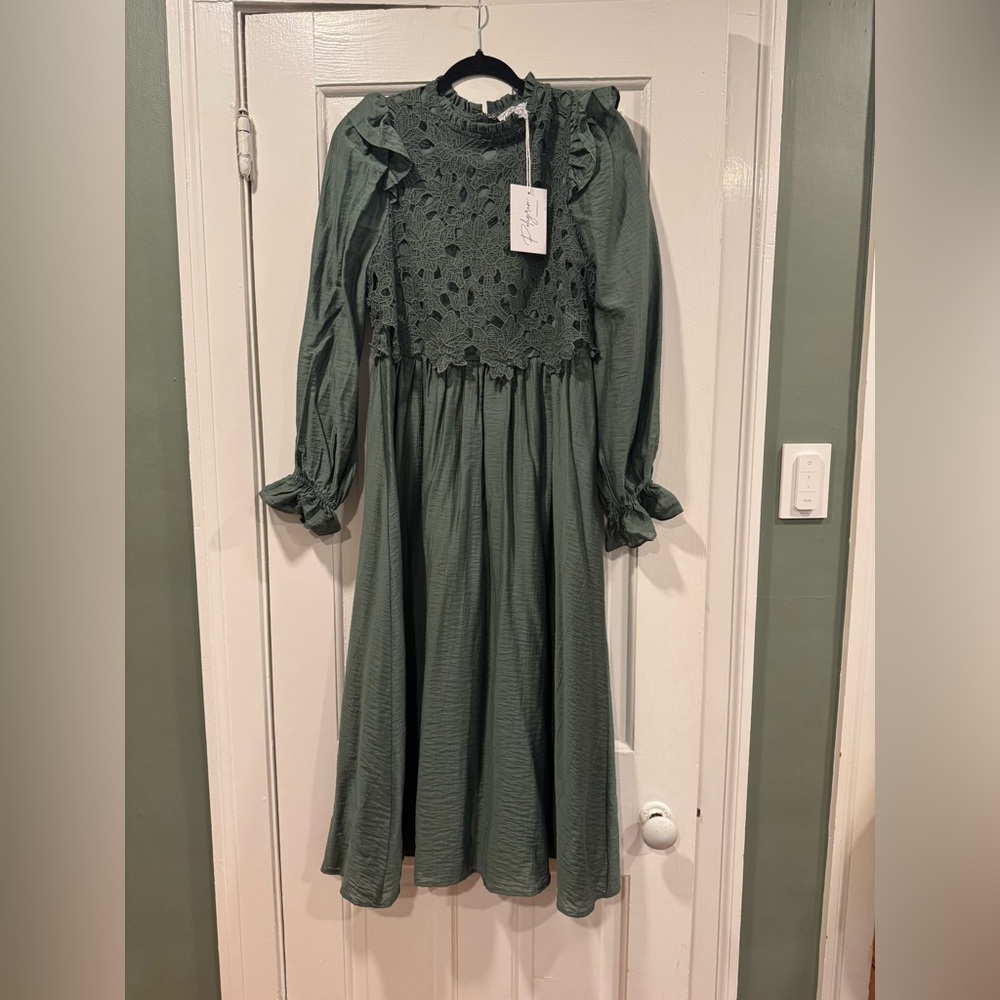 Polagram Elegant Lace Dress in Forest Green